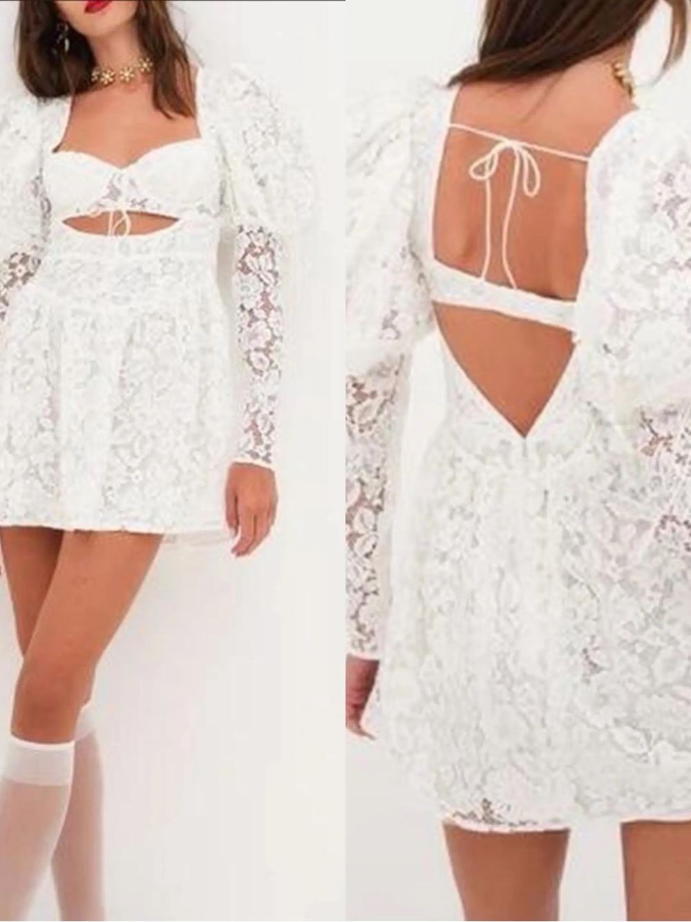 For Love & Lemons White Lace Puff-Sleeve Mini Dress - Picture 3 of 6